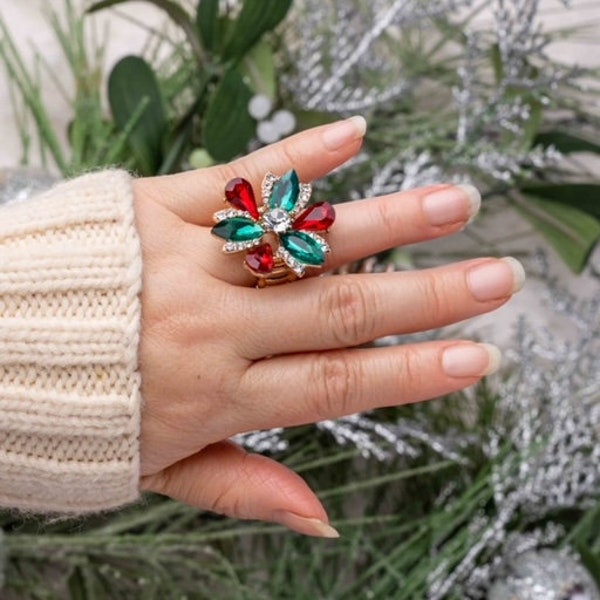 Bague extensible rouge et verte florale des Fêtes