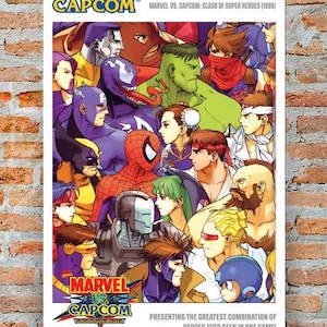 May include: A colorful poster featuring characters from the Marvel vs. Capcom video game series. The poster features a variety of characters, including Spider-Man, Captain America, Ryu, and Chun-Li. The poster is titled "Marvel vs. Capcom: Clash of Super Heroes (1998)" and includes the text "Presenting the greatest combination of heroes ever seen in one game!"