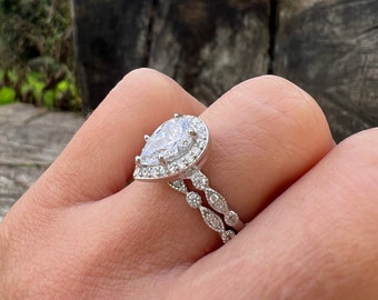 Conjuntos de anillos de novia de plata de ley 925 de 1,5 quilates, anillos de compromiso con circonita cúbica en forma de lágrima, anillos de promesa vintage, alianzas de boda para mujeres, regalo de aniversario