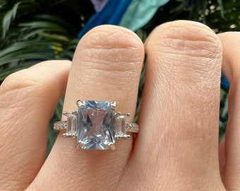 Unieke Aquamarijn ring, elegante verlovingsring, blauwe belofte ring, 925 sterling zilveren ring, Emerald Cut verjaardag verjaardagscadeau voor haar