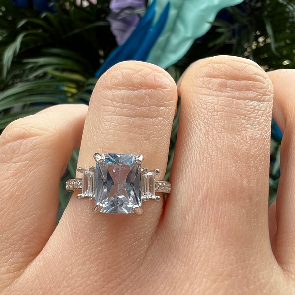 Unique Aquamarine Ring, Elegant Engagement Ring, Blue Promise Ring, 925 Sterling Silver Ring, Emerald Cut Anniversary Birthday Gift For Her