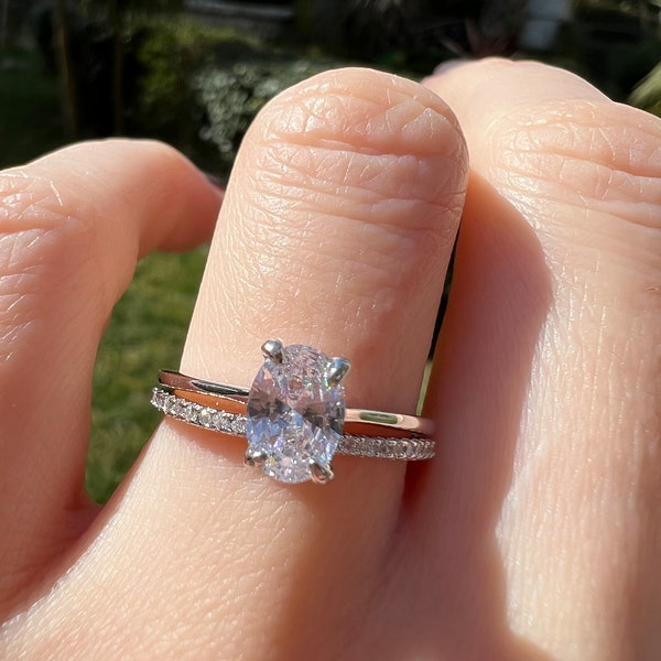 Ensemble de bagues de mariée ovales, bague de fiançailles de 1 ct, ensemble de bagues solitaires, alliance éternité en moissanite simulant un diamant, plaqué or blanc 14 carats