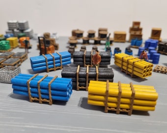 May include: A miniature model of a construction site with various materials, including blue, yellow, and gray pipes, stacked on wooden pallets. The scene includes miniature figures and other construction supplies.
