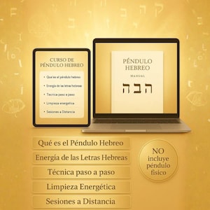 May include: A digital course on the Hebrew Pendulum, displayed on a tablet and laptop. The tablet shows course topics, while the laptop displays a manual with Hebrew text. A circular sign states "NO incluye péndulo físico."