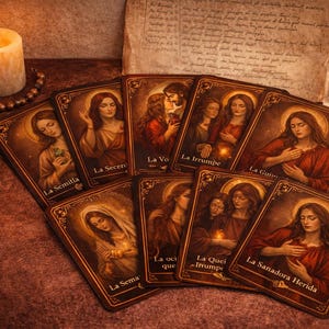 Puede incluir: Un conjunto de cartas de tarot con ilustraciones de mujeres y texto en español. También hay una vela encendida, un rosario y cristales, creando un ambiente místico.