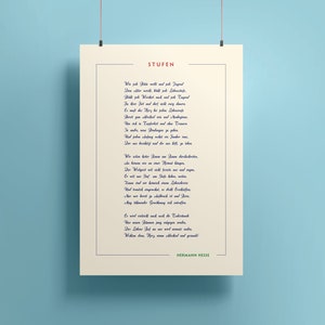 May include: A printable wall art poster with a cream background and a blue and red border. The poster features a poem titled "Stufen" by Hermann Hesse, written in cursive script.