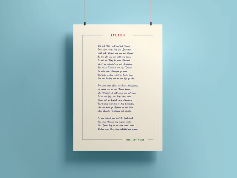 May include: A printable wall art poster with a cream background and a blue and red border. The poster features a poem titled "Stufen" by Hermann Hesse, written in cursive script.