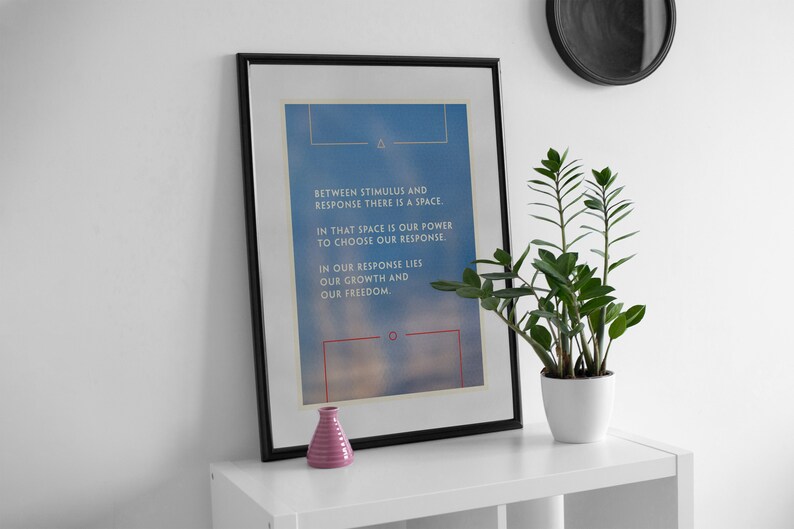 Pode incluir: Uma impress&atilde;o emoldurada com fundo azul e texto branco que diz "BETWEEN STIMULUS AND RESPONSE THERE IS A SPACE. IN THAT SPACE IS OUR POWER TO CHOOSE OUR RESPONSE. IN OUR RESPONSE LIES OUR GROWTH AND OUR FREEDOM." A impress&atilde;o est&aacute; em uma prateleira branca com um pequeno vaso rosa e uma planta em vaso.