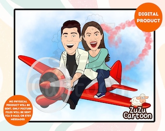 Personalized Pilot Couple Cartoon Portrait, custom Helicopter illustration, photo illustration, personalised portrait,  Girl friend gift