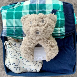 Baby Boy Gift Basket, Baby Boy shower gift, baby boy gift box, newborn gift, blanket, baby outfit, Plaid, bear