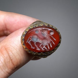 Könnte beinhalten: Ein Metallring mit einem ovalen, tiefroten, durchscheinenden Stein in einer gezackten Fassung. Der Stein ist mit einer detaillierten Intaglio-Gravur versehen, die ein vierbeiniges Wesen mit langem Schwanz und zwei darüber liegenden Kreisen zeigt.