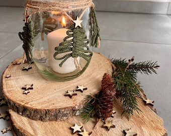 Christmas lantern, candle holder with fir trees made of macrame.