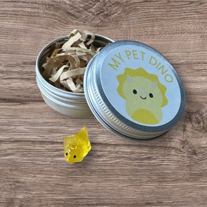 May include: A small yellow dinosaur figurine in a silver tin with a white label that says "My Pet Dino".