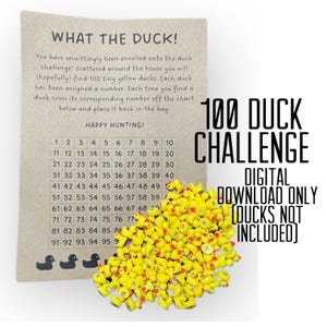 DESCARGA DIGITAL SOLAMENTE: Tarjeta de desafío de 100 patos, tarjeta de esconder un pato, tarjeta de búsqueda del tesoro de patos en miniatura, broma práctica sobre patos, juego de patitos pequeños
