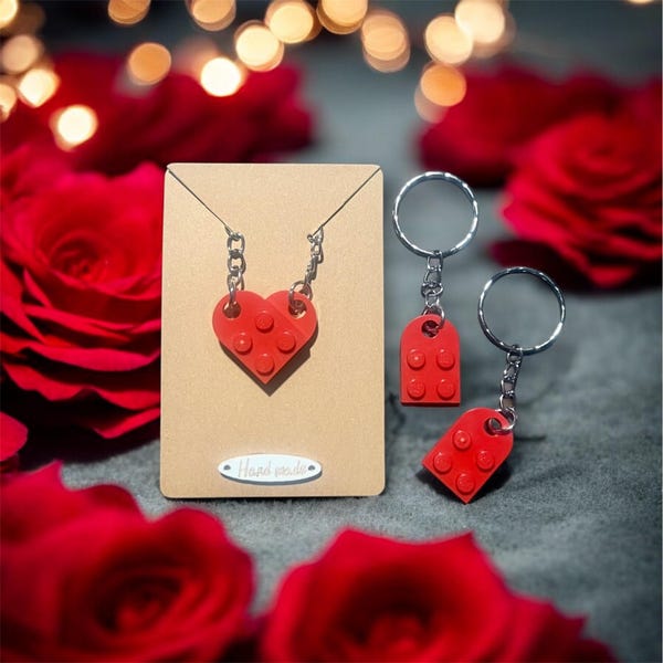 Personalised Valentines Lego Heart Keyring / Keychain 2pcs - Available in 34 different colours (mix and match)