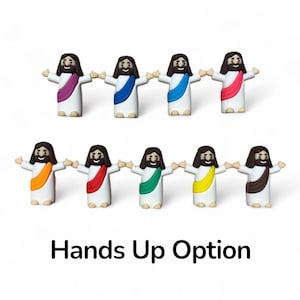 May include: A collection of small figurines depicting a figure with outstretched arms, each wearing a different colored sash. The figurines are white with brown hair and beards. The text "Hands Up Option" is at the bottom.
