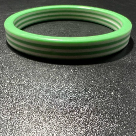 Vintage Green White Striped Plastic Bangle Bracel… - image 2