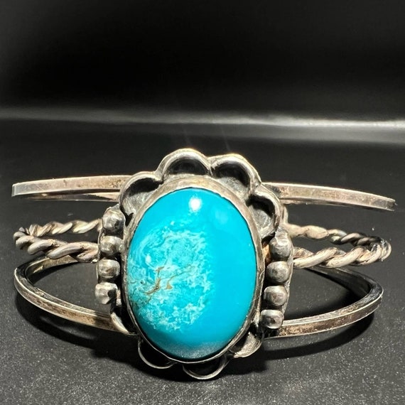 Vintage Sterling Silver Turquoise Flower Cuff Rar… - image 2