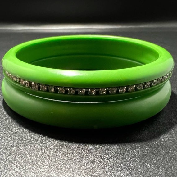 Vintage Green Plastic Bangles w Crystal Rhineston… - image 2