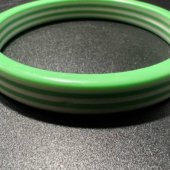 Vintage Green White Striped Plastic Bangle Bracel… - image 3