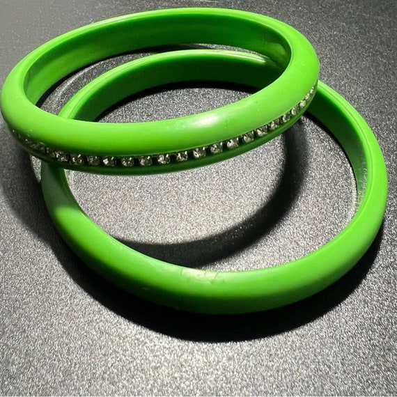 Vintage Green Plastic Bangles w Crystal Rhineston… - image 3