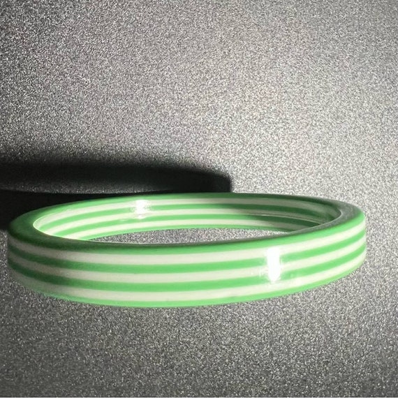 Vintage Green White Striped Plastic Bangle Bracel… - image 1