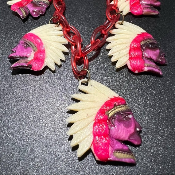 Antique Celluloid Charm Necklace Painted Native A… - image 5