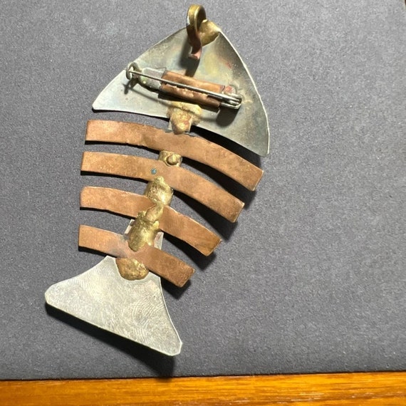 Vintage Copper & Silver Fish Skeleton Brooch Pend… - image 4