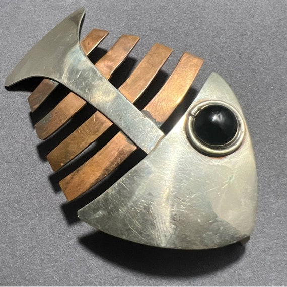 Vintage Copper & Silver Fish Skeleton Brooch Pend… - image 1