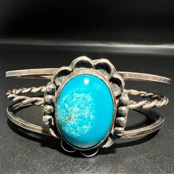 Vintage Sterling Silver Turquoise Flower Cuff Rar… - image 1