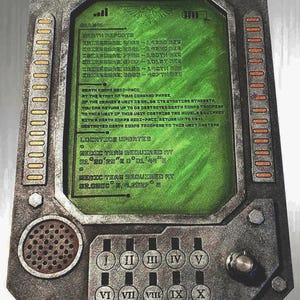 May include: A metallic, rectangular device with a green screen displaying text and graphics. The device has a series of buttons, a dial, and a speaker. The screen shows data reports and location updates. The device has a rugged, industrial design.