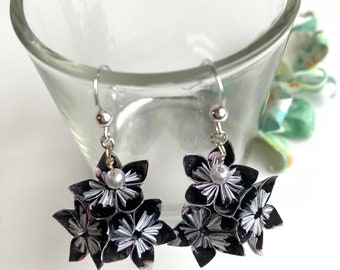 Japanese Origami Black Flower Earrings. Sterling silver French hooks. Flower earrings. Black earrings. 1st Anniversary.