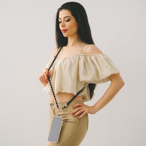 Chaîne pour téléphone portable en perles de bois, faite à la main avec insert universel, adaptée à chaque étui de téléphone portable, NOIR