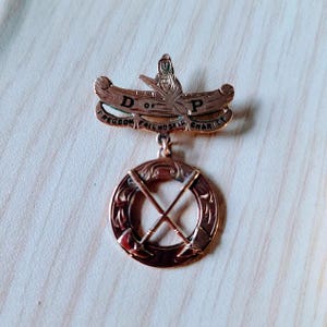 May include: A vintage gold-toned pin featuring a canoe with a figure, the letters "D" and "P", and the words "Freedom, Friendship, Charity." Below hangs a circular pendant with crossed paddles.