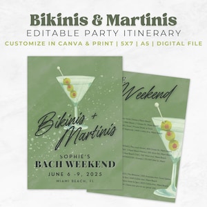 Bikinis and Martinis Bachelorette Itinerary Template, Editable Invite for Girls Weekend, Customizable Party Schedule Fun Beach Trip Planning
