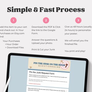 May include: A digital poster product process is shown with a tablet displaying a questionnaire. The steps include adding to cart, downloading a PDF, and receiving a personalized file. Text reads "Simple & Fast Process."