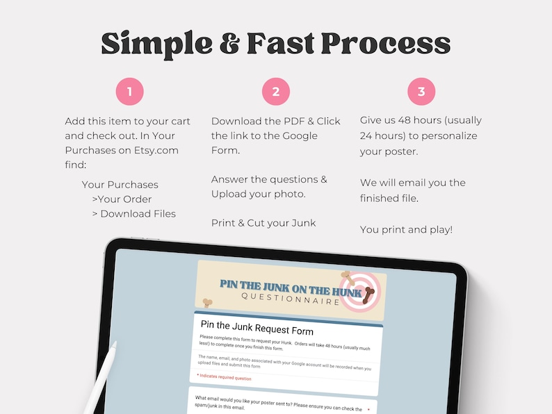 May include: A digital poster product process is shown with a tablet displaying a questionnaire. The steps include adding to cart, downloading a PDF, and receiving a personalized file. Text reads "Simple & Fast Process."