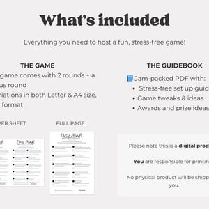 May include: Image shows the text "What's included" and details for a digital game. Includes game rounds, PDF format options, and a guidebook with setup guides and game ideas. Two game sheet layouts are shown.
