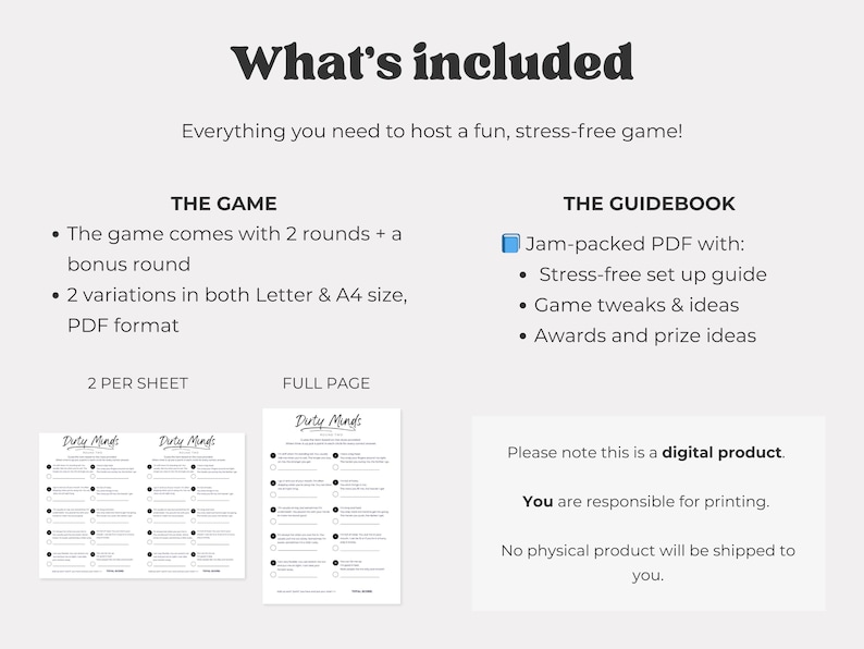 May include: Image shows the text "What's included" and details for a digital game. Includes game rounds, PDF format options, and a guidebook with setup guides and game ideas. Two game sheet layouts are shown.