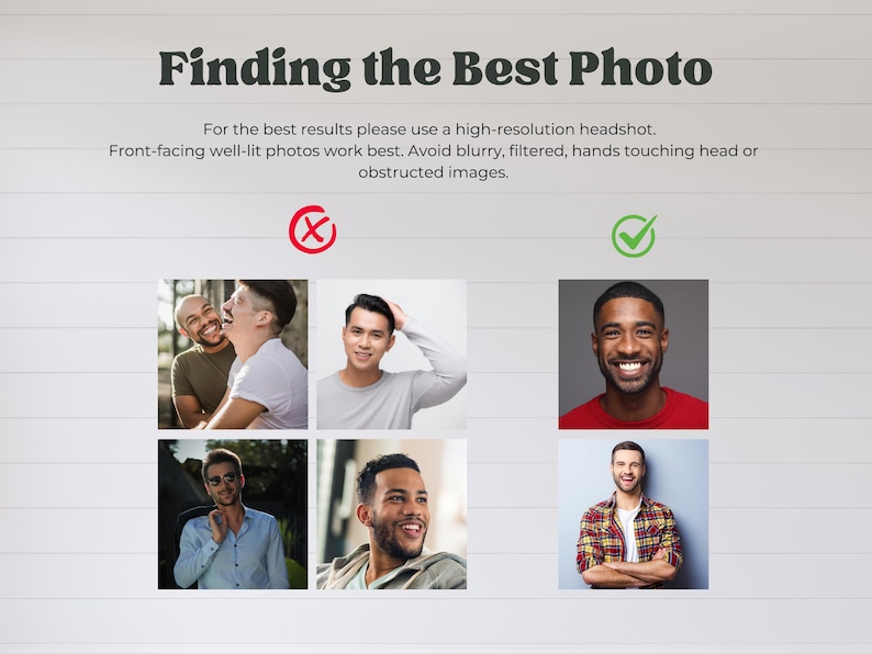 May include: Image with the text "Finding the Best Photo". It shows examples of good and bad headshots. The text advises using a high-resolution, front-facing, well-lit photo, and avoiding blurry or obstructed images.