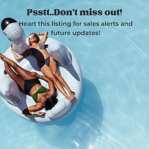 May include: Two people relax on a white swan-shaped inflatable in a pool. The text in the image says, "Psstt..Don't miss out! Heart this listing for sales alerts and future updates!"