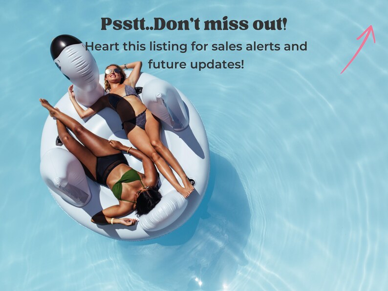 May include: Two people relax on a white swan-shaped inflatable in a pool. The text in the image says, "Psstt..Don't miss out! Heart this listing for sales alerts and future updates!"