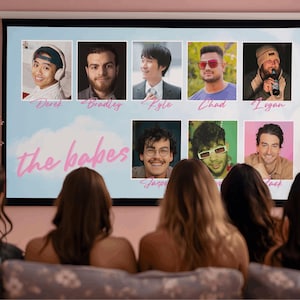 以下が含まれることがあります： プロジェクターのスクリーンには、8人の男性の顔写真と名前が表示されています。「the babes」という言葉がピンク色の文字で書かれています。数人の女性がソファに座って、スクリーンを見ています。