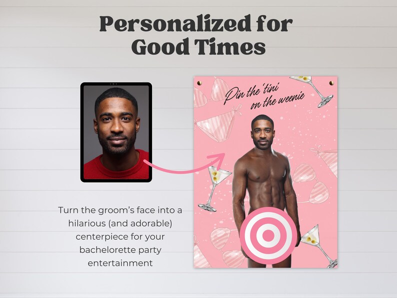 May include: A pink bachelorette party game featuring a target over a man's torso, martini glasses, and the text "Pin the tini on the weenie." The image includes a tablet with a man's face and the text "Personalized for Good Times."