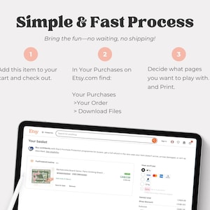 May include: Image showing a tablet displaying an Etsy.com purchase. Text above reads "Simple & Fast Process" with numbered steps: add to cart, find in purchases, and print. The screen shows a shopping cart and payment options.