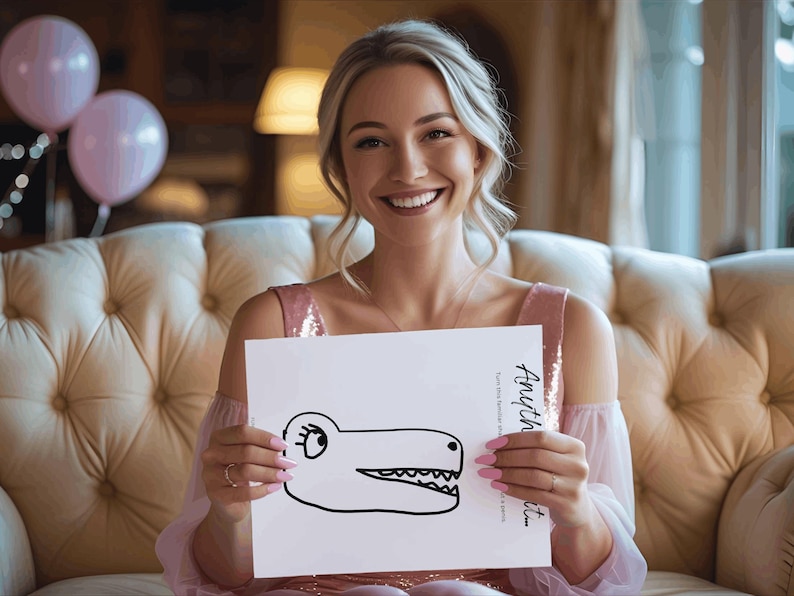 May include: A woman holding a white paper with a black cartoon alligator drawing. The paper also has the word "Anyth" and other text. The woman is wearing a pink dress and is smiling.