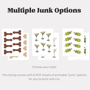 May include: Printable PDF sheets featuring various designs, including brown bone shapes, martini glasses with olives, and olive skewers. The text "Multiple Junk Options" is at the top, with "Choose your style!" below. The listing includes 6 PDF sheets.