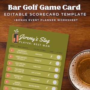 Tarjeta de puntuación de golf de bar para plantilla de golf de pub, fiesta de despedida de soltero con temática de golf, cumpleaños, bar crawl, descarga digital para juegos de bar de cumpleaños