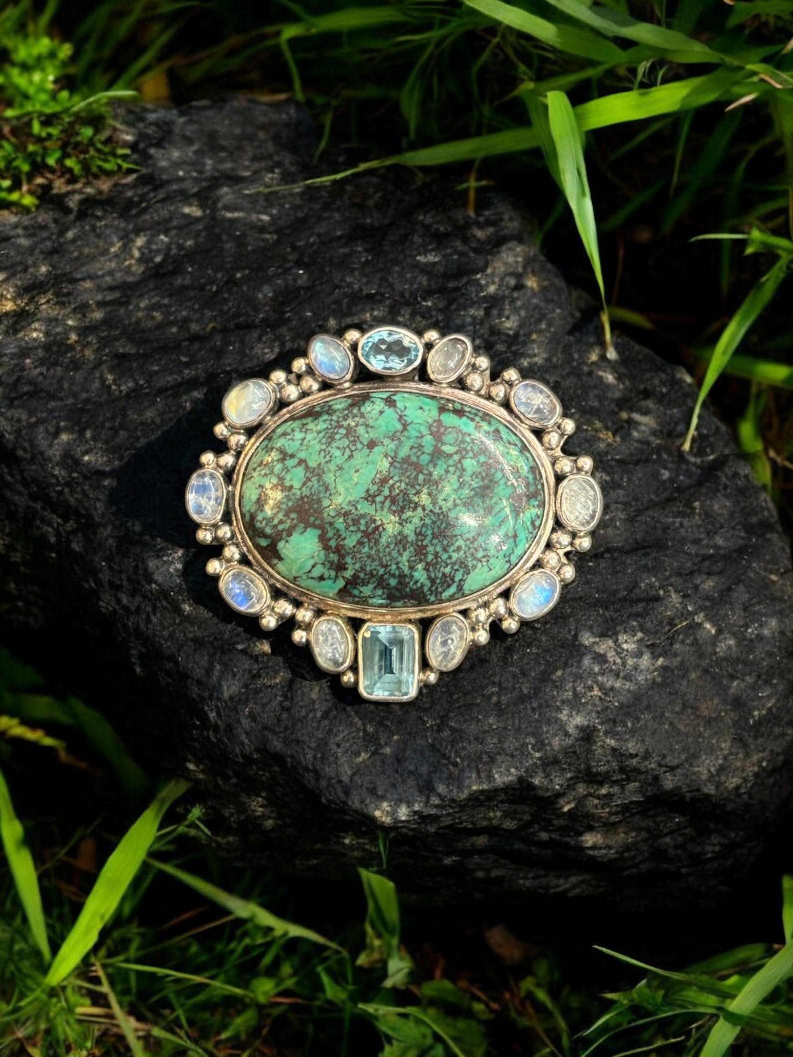 Sterling Silver Turquoise Moonstone and Topaz Pendant