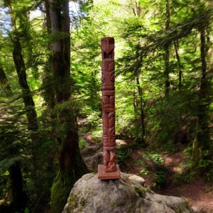 First Nations Hand-Carved Wood Totem Signed Rejean
